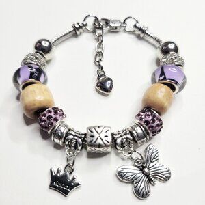 NWT Pandora Style Charm Bracelet Purple, Princess Crown, Wood, Premium Sparkles